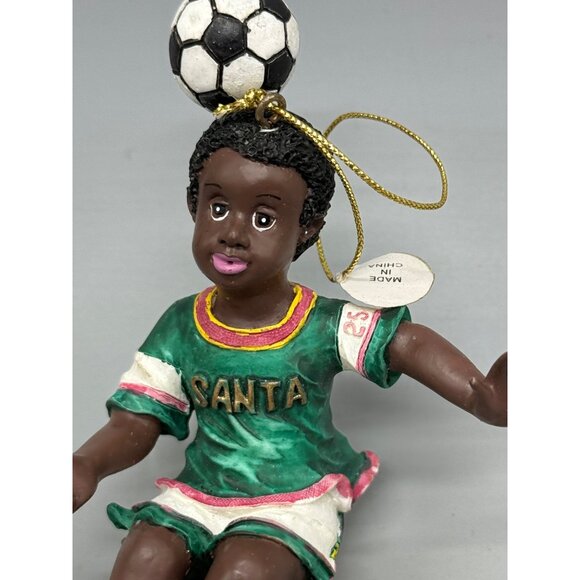 African American kid Soccer Player Figurine Christmas Ornament green 4.5" READ - Picture 2 of 8